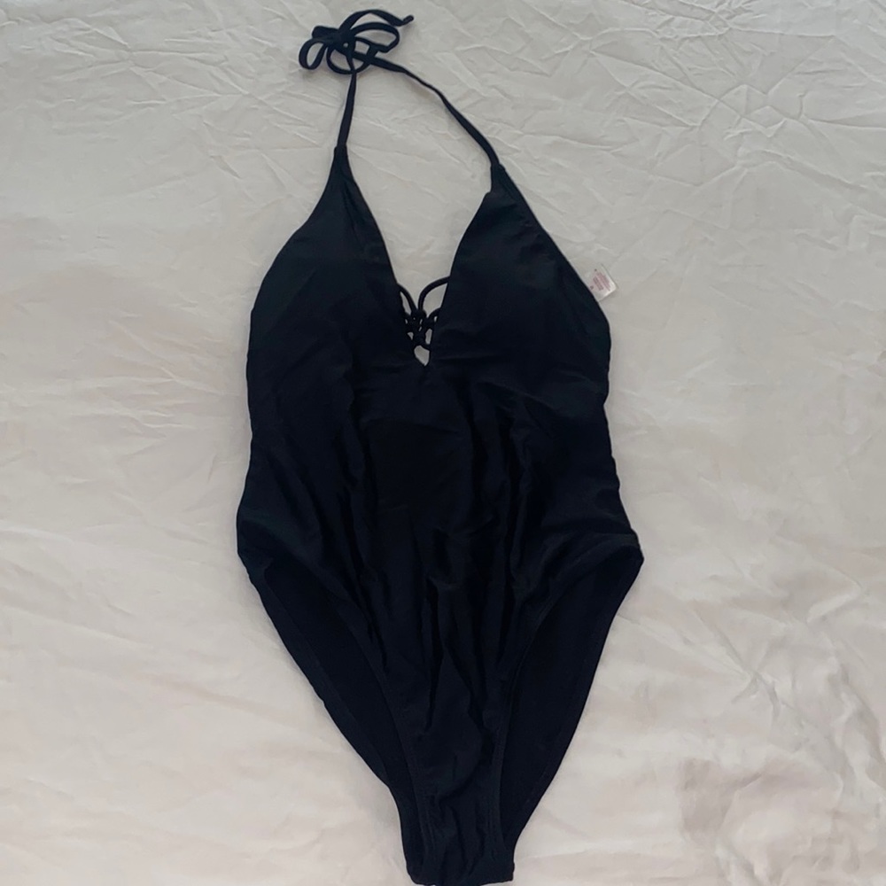 Black one piece halter swim suit